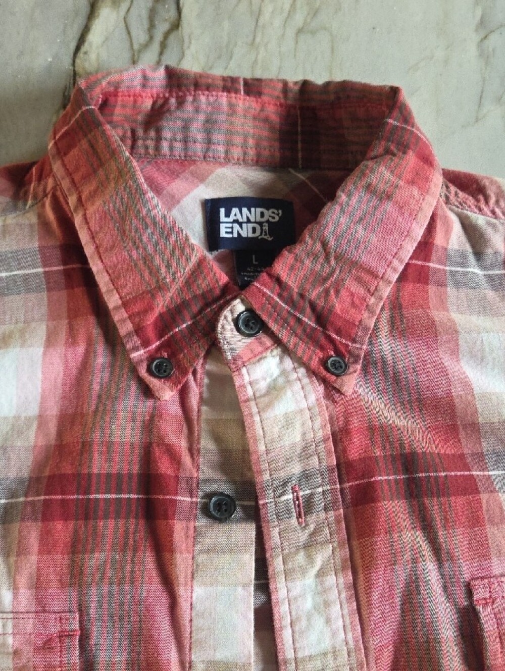 Lands' End Red and White Plaid Long-Sleeve Button-Up Shirt